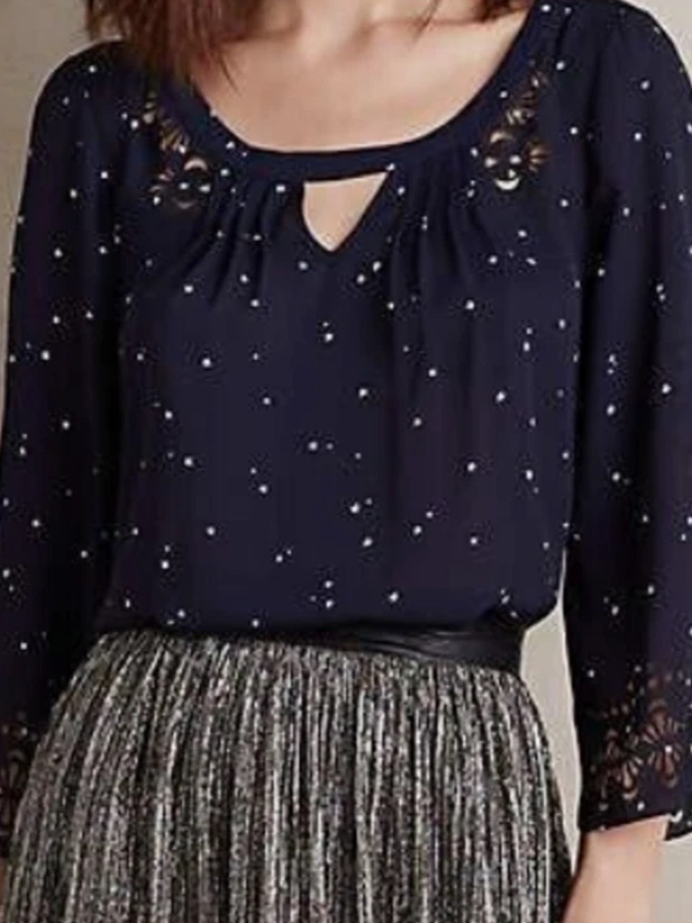 Anthro Maeve Silk cutout silk navy blue white stars 3/4 sleeve blouse sz 6